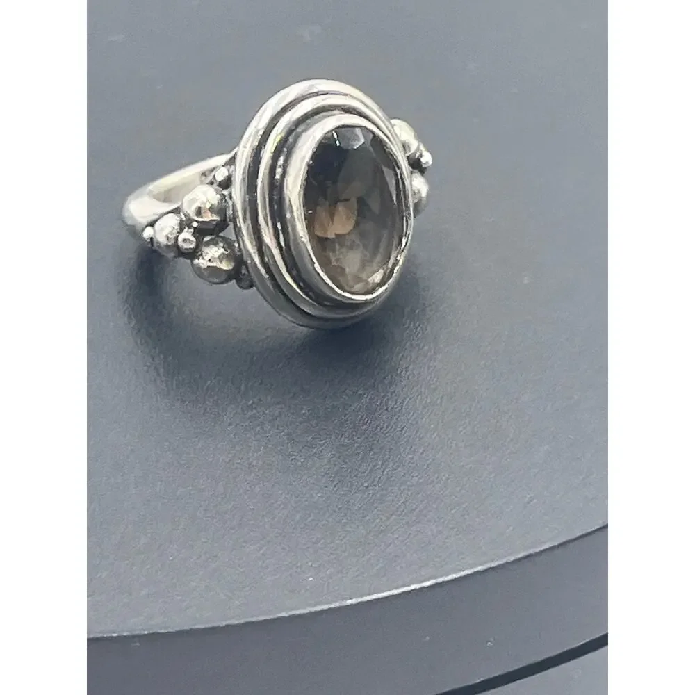 Sterling Silver Artisan Oval Shaped Bezel Set‎ Smoky Quartz Stone Ring Sz 7.75